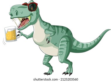 Tyrannosaurus rex dinosaur holding beer glass in cartoon style illustration