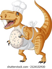 Tyrannosaurus rex dinosaur holding egg in cartoon style illustration