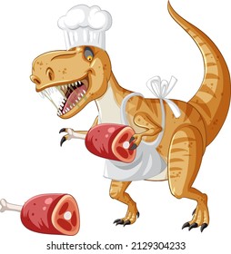 Tyrannosaurus rex dinosaur holding meat bone in cartoon style illustration