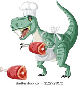 Tyrannosaurus rex dinosaur holding meat bone in cartoon style illustration