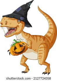 Tyrannosaurus rex dinosaur holding pumpkin in cartoon style illustration