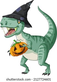 Tyrannosaurus rex dinosaur holding pumpkin in cartoon style illustration