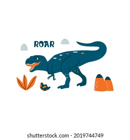 Tyrannosaurus rex dinosaur. Large extinct ancient carnivorous reptile, Jurassic. Roar print. Colorful vector isolated illustration hand drawn. White background. Blue dino