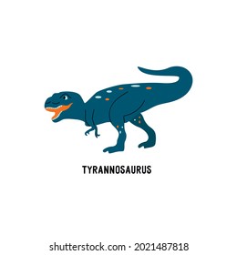 Tyrannosaurus rex dinosaur. Large extinct ancient carnivorous reptile, Jurassic. Roar card. Colorful vector isolated illustration hand drawn. White background. Blue dino