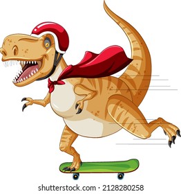 Tyrannosaurus rex dinosaur on skateboard in cartoon style illustration