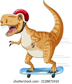 Tyrannosaurus rex dinosaur on skateboard in cartoon style illustration