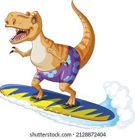 Tyrannosaurus rex dinosaur on surfboard in cartoon style illustration