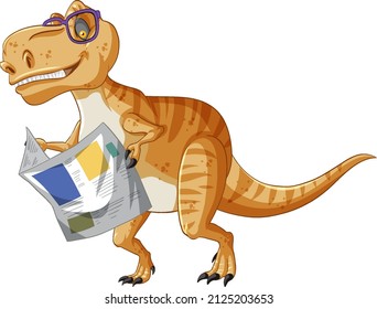 Tyrannosaurus rex dinosaur reading newspaper in cartoon style illustration