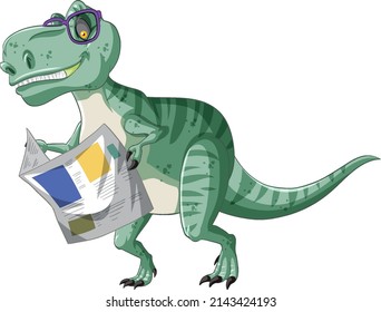 Tyrannosaurus rex dinosaur reading newspaper in cartoon style illustration