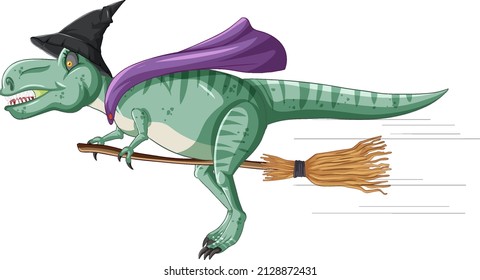 Tyrannosaurus rex dinosaur riding on broomstick in cartoon style illustration