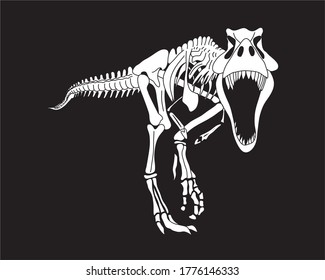 Tyrannosaurus Rex dinosaur skeleton silhouette in isolate on black background. Vector illustration.