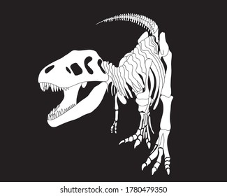 Tyrannosaurus Rex dinosaur skeleton silhouette in isolate on black background. Vector illustration.