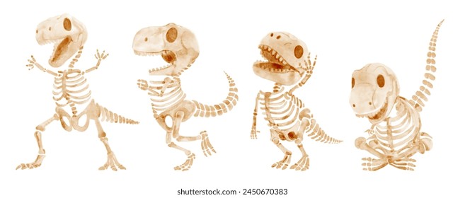 Tyrannosaurus Rex dinosaur skeleton . Watercolor paint cartoon characters . Set 2 of 4 . Vector .