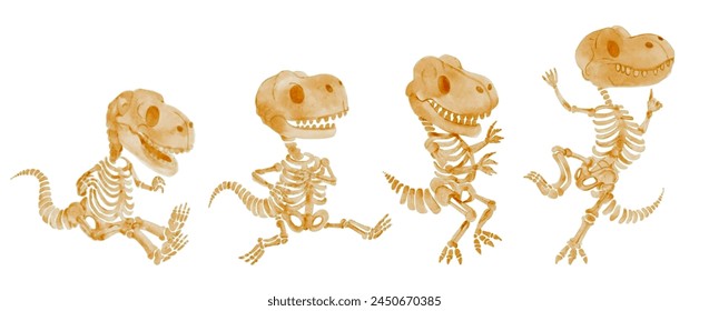 Tyrannosaurus Rex dinosaur skeleton . Watercolor paint cartoon characters . Set 4 of 4 . Vector .