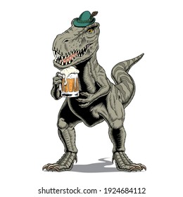 Tyrannosaurus rex dinosaur or t rex wearing Bavarian or Tyrolean hat, with beer mug, isolated on white. Comic style vector illustration.
