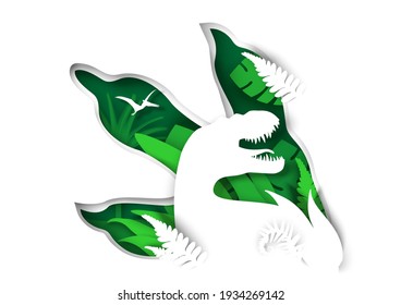 Tyrannosaurus rex dinosaur and t-rex paw, pteranodon flying reptile silhouettes. Vector illustration in paper art style. Archeology, history.