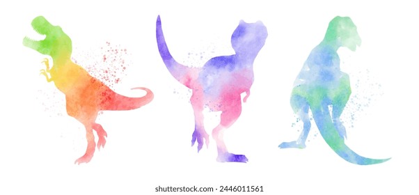 Tyrannosaurus rex dinosaurs . Colorful silhouette watercolor painting style . Set 1 of 5 . Illustration .