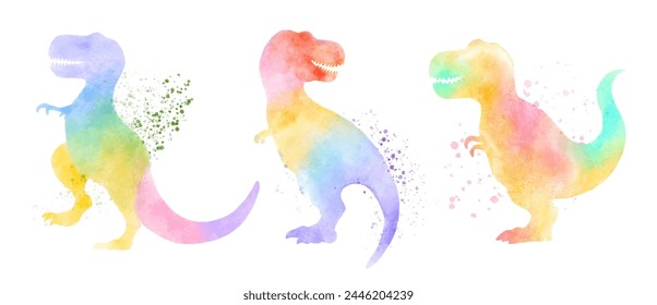 Tyrannosaurus rex dinosaurs . Colorful silhouette watercolor painting style . Set 2 of 5 . Illustration .