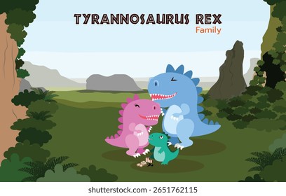 Tyrannosaurus Rex Family in Prehistoric Forest. A charming flat vector illustration of a Tyrannosaurus Rex family (mom, dad, and baby) in a prehistoric jungle landscape