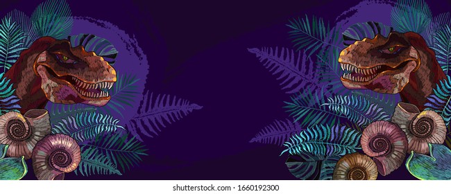 Tyrannosaurus rex head, ammonite fossil and palm leaves. Archeology and paleontology banner. Template for design. Prehistoric life of dinosaurs 