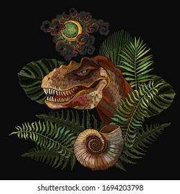 Tyrannosaurus rex head, ammonite fossil, moon and palm leaves. Archeology and paleontology art. Template for clothes, print. Prehistoric life of dinosaurs 