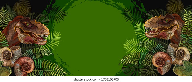 Tyrannosaurus rex head, ammonite fossil and palm leaves. Archeology and paleontology banner. Template for design. Prehistoric life of dinosaurs 