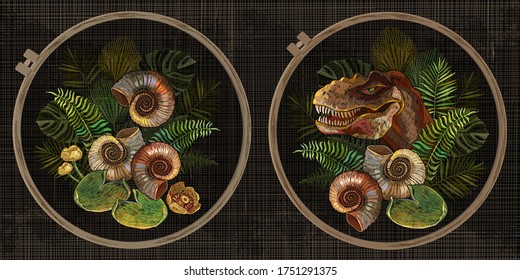Tyrannosaurus rex head, ammonite fossil and palm leaves. Embroidery collection. Prehistoric life of dinosaurs. Fashion template tambour frame with a canvas, elements from stitches. Art for clothes 