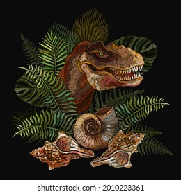 Tyrannosaurus rex head, ammonite fossil and palm leaves. Prehistoric life of dinosaurs. Archeology and paleontology art. Template for clothes, print 