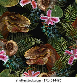 Tyrannosaurus rex head, orchid flowers and palm leaves. Seamless pattern. Embroidery. Tropical forest background. Archeology and paleontology. Template for clothes. Prehistoric life of dinosaurs 