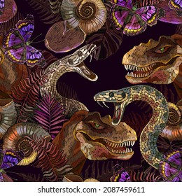 Tyrannosaurus rex head, snake, colorful butterflies, ammonite fossil and palm leaves. Template for clothes, print. Prehistoric life of dinosaurs. Ancient jungle seamless pattern