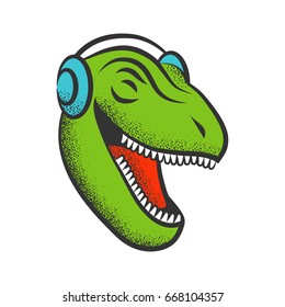 Tyrannosaurus Rex with headphones in tattoo style. Vector illustration. Dinosaur illustration