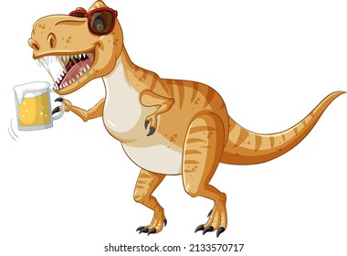 Tyrannosaurus rex holding beer glass in cartoon style illustration