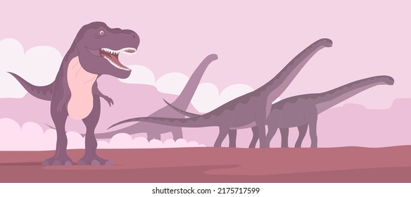 Tyrannosaurus rex hunts a herd of herbivorous sauropods. Carnivorous dinosaur and alamosaurus with a long neck. Big lizard of the Jurassic period. Prehistoric animals. Cartoon vector illustration