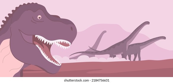 Tyrannosaurus rex hunts a herd of herbivorous sauropods. Carnivorous dinosaur and alamosaurus with a long neck. Big lizard of the Jurassic period. Prehistoric animals. Cartoon vector illustration