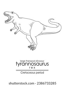 Tyrannosaurus REX, a large theropod dinosaur from Cretaceous period. Black and white line art, perfect for coloring and educational purposes.