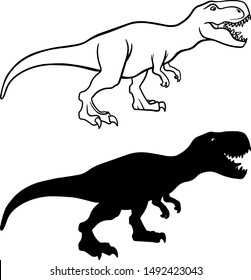 Tyrannosaurus rex outline and silhouette illustrations set. Dangerous dinosaur, extinct animal ink pen drawings. Jurassic period, paleontology logo. Prehistoric wildlife line art design element