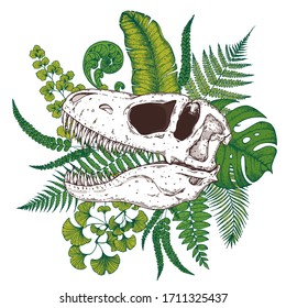 Tyrannosaurus rex and palm leaves hand drawn illustration. Tattoo vintage print. Hand drawn floral print. Tattoo design. Jungle print. Tropical illustration.