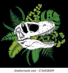 Tyrannosaurus rex and palm leaves hand drawn illustration. Tattoo vintage print. Hand drawn floral print. Tattoo design. Jungle print. Tropical illustration.