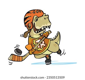 Tyrannosaurus rex posing as ice hockey player 