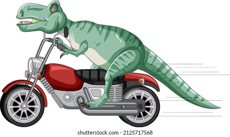 Tyrannosaurus rex riding motorcycle in cartoon style illustration