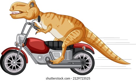 Tyrannosaurus rex riding motorcycle in cartoon style illustration