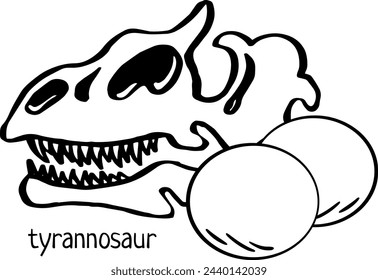 Tyrannosaurus rex scull with eggs. Hand drawn black line art vector illustration. Triceratops. Doodle simple skull skeleton, egg for archaeological, paleontological, alchemy poster, book, game.