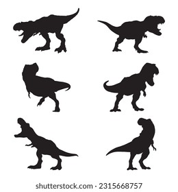 tyrannosaurus rex silhouette set collection isolated black on white background vector illustration