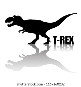 Tyrannosaurus Rex. Silhouette with transparent reflection. Сarnivorous dinosaur. T-rex walking and roaring. Hand drawn vector illustration isolated on white background.