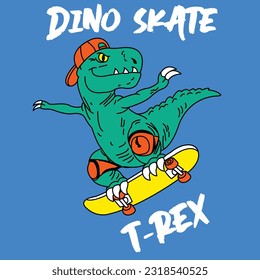 TYRANNOSAURUS REX WITH A SKATEBOARD JUMPING AND RAISING ARMS