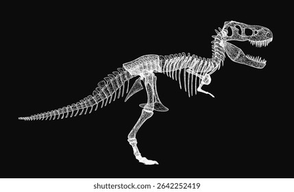 Tyrannosaurus Rex skeleton in 3D, displayed on a black background with detailed textures. The long neck, sharp teeth, and curved tail are prominently featured.