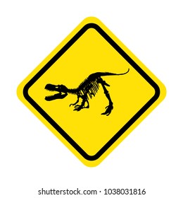 tyrannosaurus rex skeleton fossil on yellow warning sign, isolated dinosaur vector illustration on white background