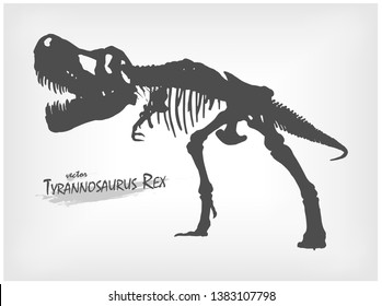 Tyrannosaurus Rex skeleton silhouette on gray gradient background . Vector .