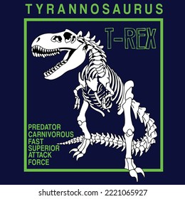 TYRANNOSAURUS REX SKELETON MIT SEINEN SPEZIFIKATIONEN AUF BLAUEM HINTERGRUND