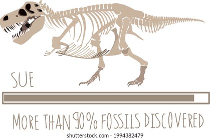 Skeleton Tyrannosaurus rex, fósiles de SUE de pie sobre dos pies y inclinados hacia delante, con una boca abierta que muestra sus dientes afilados. Ilustración vectorial de dibujos animados.